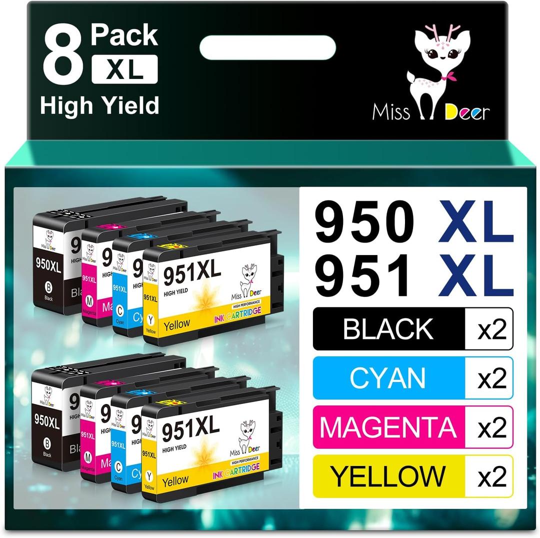 Miss Deer 950 951 XL Combo Pack,Compatible Replacement for HP 950 951XL,Work with Officejet Pro 8610 8600 8620 8630 8640 8100 8615 251dw 271dw 276dw,8 Pack