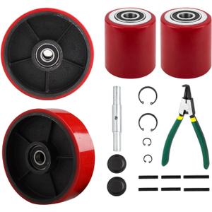 Pallet Jack/Truck Full Set with Axles, Pairs of 7" x 2" Steer Wheels & 3" x 3.75" Load Wheels with Bearings ID 20mm Poly Tread Black, Entry Exit Roller, Tool Kit Included.(Assembled)