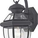Quoizel Newbury Outdoor Wall Lantern, 12 Inch 1-Light Mystic Black Wall Sconce, French Country Exterior Wall Lantern Fixture, E26 Base, Clear Glass, Outside Lights for Patio, Porch, Garage or Yard