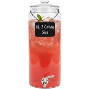 3 Gallon Glass Beverage Dispenser & Spigot Large Drink Dispenser for Parties, Juice, Water, Iced Tea, Sangria, Punch, Cocktails