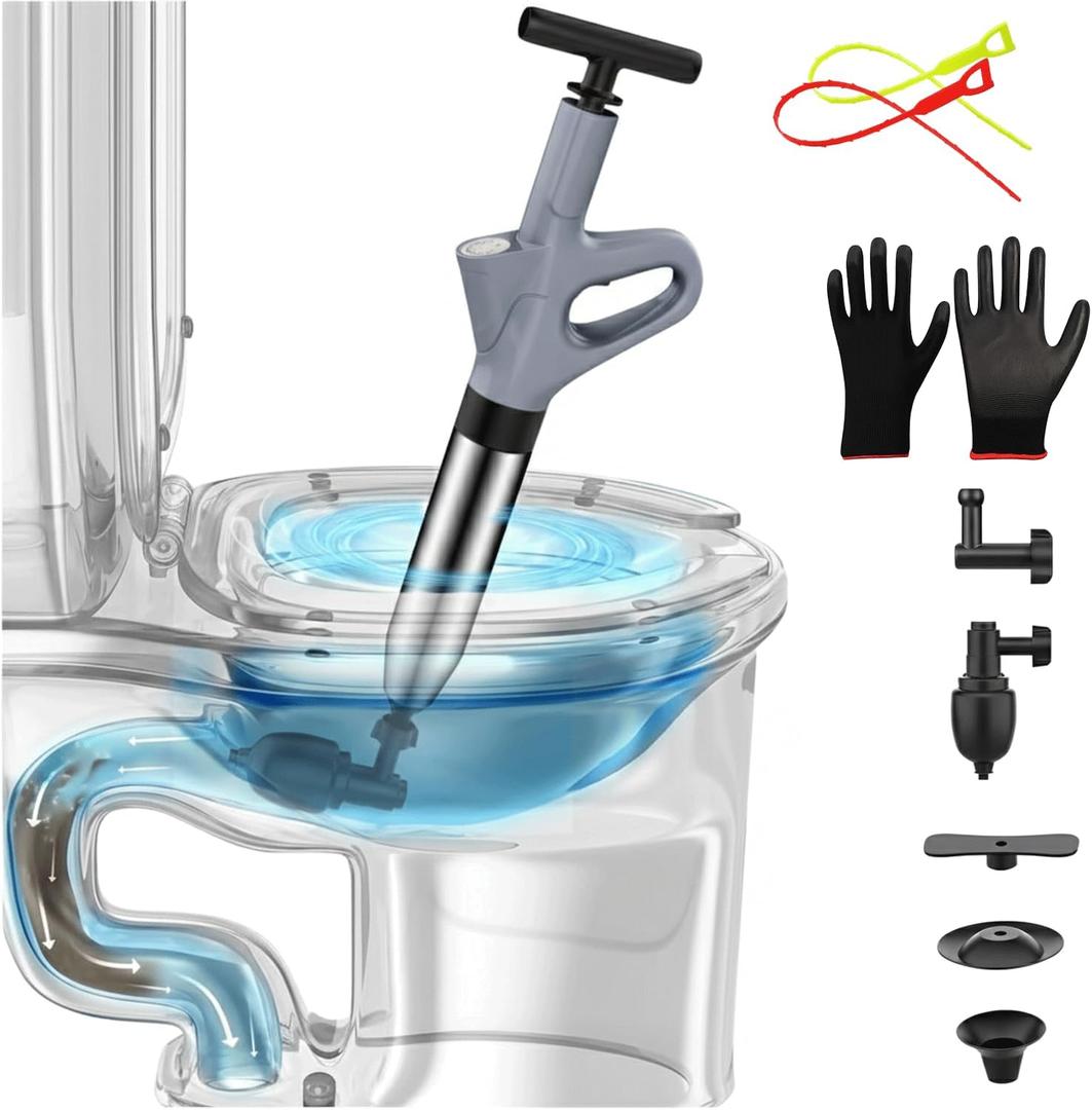 Toilet Plunger, High Pressure Toilet Plunger with Gloves & 2 Hair Snake,Toilet Auger Air Drain Blaster with Real-Time, Heavy Duty Plungers for Bathroom, Shower and Kitchen Plumbing Clogs