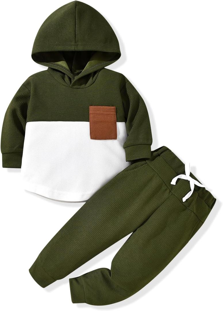 Toddler Boy Fall Winter Clothes Waffle Hooded Sweatshirt Tops Pant Outfit Color Block Long Sleeve Clothing (3-4T, Army Green)