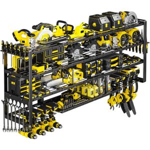 POKIPO Extra Large 64" W Power Tool Organizer Wall Mount, 1000 lbs Load Capacity, Heavy Duty 4 Tier Garage Storage Rack with 8 Drill Holders, 2 in 1 Corner or Straight Installation