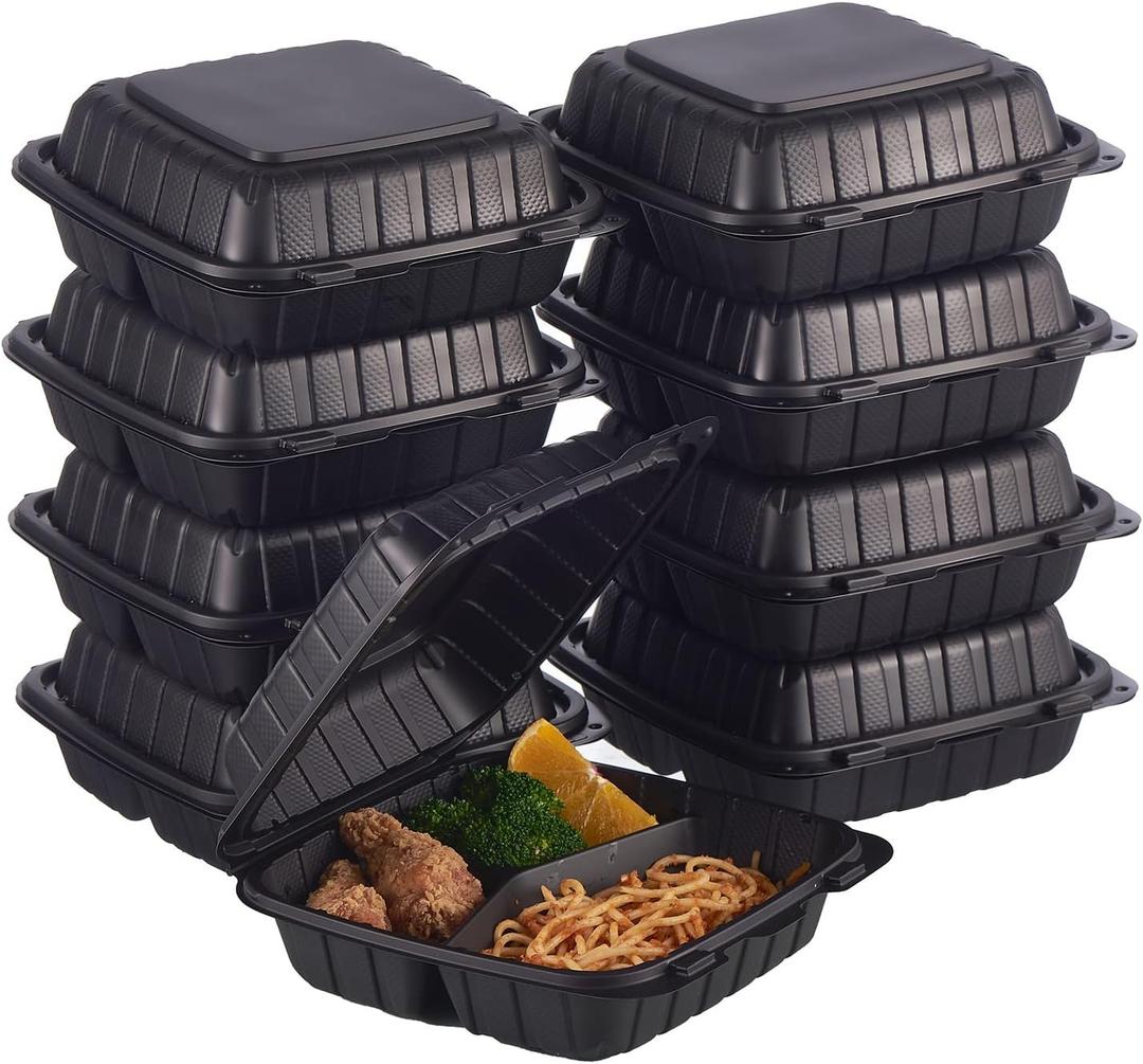 Jaluxing 8X8 3-Compartment 50-Pack Plastic Clamshell Takeout Food Trays Heavy Duty Togo Disposable Box Carryout Meal Prep Packaging Catering Hinged Containers With Secure Snap Lid 