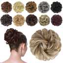 FESHFEN Messy Bun Hair Piece - Elastic Wavy Curly Hair Bun Scrunchies Extensions Synthetic Chignon Hairpieces for Women Girls, Mixed Blonde and Ash Blonde Tips 1.5 oz (Medium)
