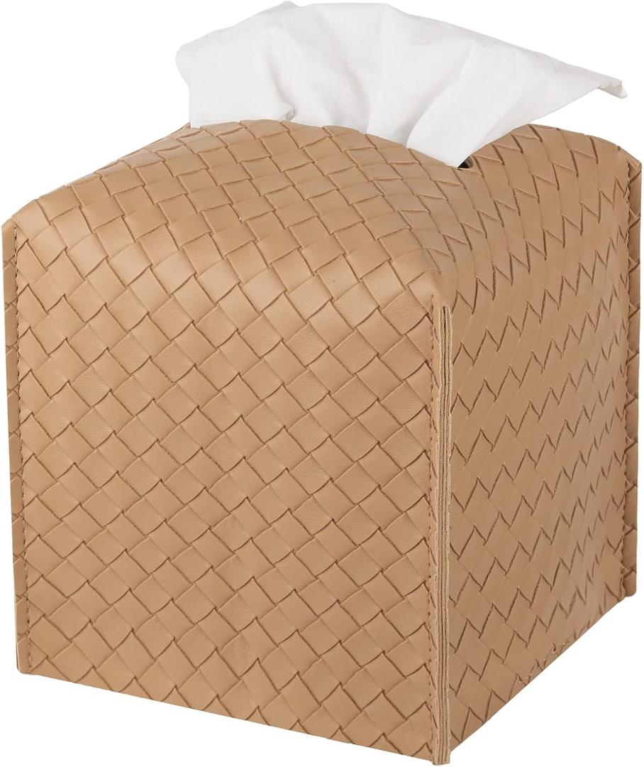 zoocatia Tissue Box Cover PU Leather Tissue Holder Square Facial Tissue Case Facial Paper Organizer Dispenser for Bathroom, Vanity Countertop, Tabletop, Car, Khaki