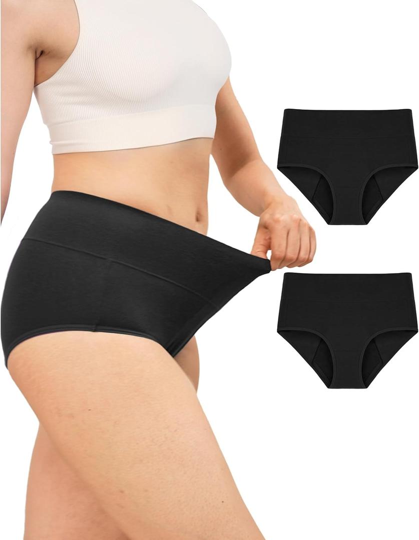 Neione Women Incontinence Underwear, Cotton Leakproof Panties for Heavy Flow Period & Postpartum, High-Waisted Full Briefs, 2 Pack, Black, L