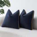 Decorative Neutral Linen Throw Pillow Covers 20x20 Inch Set of 2, Navy Blue Boho Farmhouse Pillow Covers with Braid Fringe for Sofa Bed Modern Couch Pillow Cases for Organic Home Decor