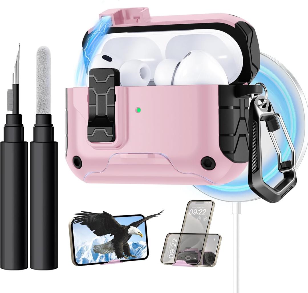 Lerobo for AirPods Pro 3 Case,(Compatible with MagSafe) with Phone Stand & Cleaning Kit,Full Drop Protection Magnetic Lock Cover Case Compatible for Apple AirPods Pro 3rd Generation,Black Pink