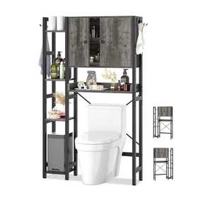 Over The Toilet Storage Cabinet with Doors - 7 Tier Bathroom Organizer with Adjustable Shelf, Freestanding Space Saver Rack Above Toilet Stand with 4 Hooks for Bathroom, Restroom, Laundry, Grey Oak