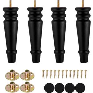 Maricome Furniture Legs 8 inches Set of 4 Pre-drilled M8 Bolt Wood Bun Replacement Legs for Sofa Couch Cabinet Chair Black Solid Round Turned Screw in