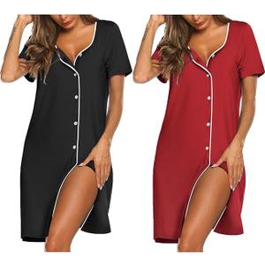Ekouaer 2 Pack Women's Nightgown Button Down Sleepshirts Short Sleeve Nightshirts for Women Sleepwear V Neck Sleep Dress Black & Wine Red & Star L