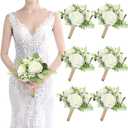 Bridesmaids Bouquets Set of 6 Ivory White Artificial Flowers 7 Inch Bridesmaid Bouquet Wedding Pre-Made Rustic Rose Small Floral Bouquets for Bridal Shower Marriage Proposal Party Anniversary Decor