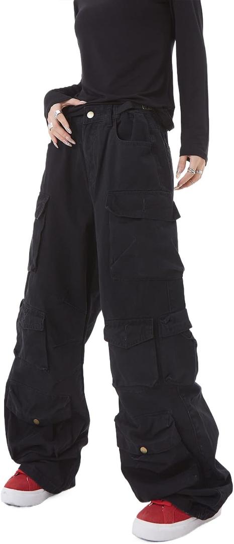 Women's Baggy Cargo Pants Y2K Clothing Multi-Pocket Relaxed Fit Jeans Fairy Grunge Clothes Alt Emo Streetwear, Large, Black
