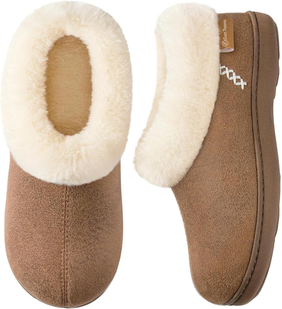 EverFoams Women's Microsuede Cozy Memory Foam Winter Slippers with Fuzzy Faux Fur Collar and Indoor Outdoor Rubber Sole (7-8, Tan)