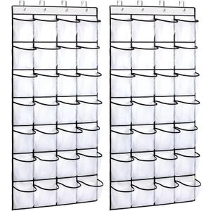 REGELETO 2 Pack 28 Pocket Over the Door Shoe Organizer, Hanging Shoe Rack for Door Large Capacity Shoe Organizer Holder with 4 Metal Hooks (White-2Pack)