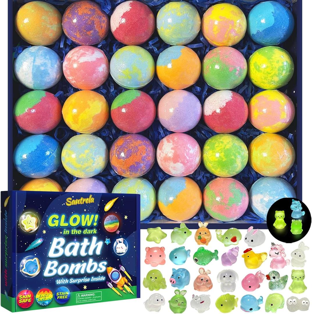 Bath Bombs for Kids with Surprise Inside, 30 Pack Kids Bath Bombs with Toys Glow in The Dark, Child-Safe Colorful Bubble Fizz Bath Ball Gift Set for Easter Egg, Birthday,Christmas