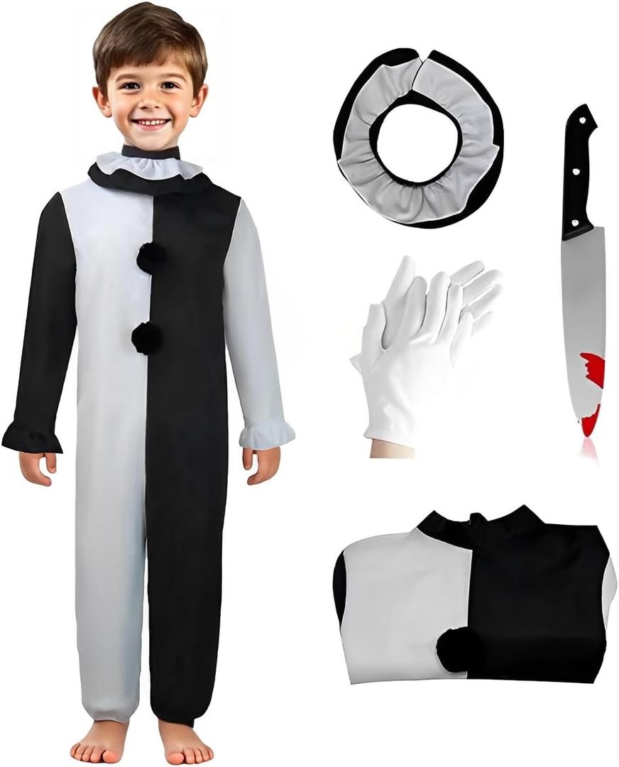 Pigmiss Kids Art The Clown Terrifying Costume Horror Mask Killer Scary Halloween Masquerade Party Cosplay Outfits (120cm, White)