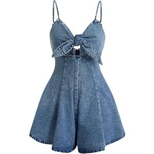OYOANGLE Women's Vintage Bowknot Spaghetti Strap Denim Romper Sleeveless Wide Leg Jean Short Jumpsuits XL OYOANGLE Women's Vintage Bowknot Spaghetti Strap Denim Romper Sleeveless Wide Leg Jean Short Jumpsuits XL