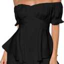 Off the Shoulder Rompers for Women Dressy Short/Long Sleeve Romper Ruffle Layer Back Tie Mini Short Jumpsuits (Large)