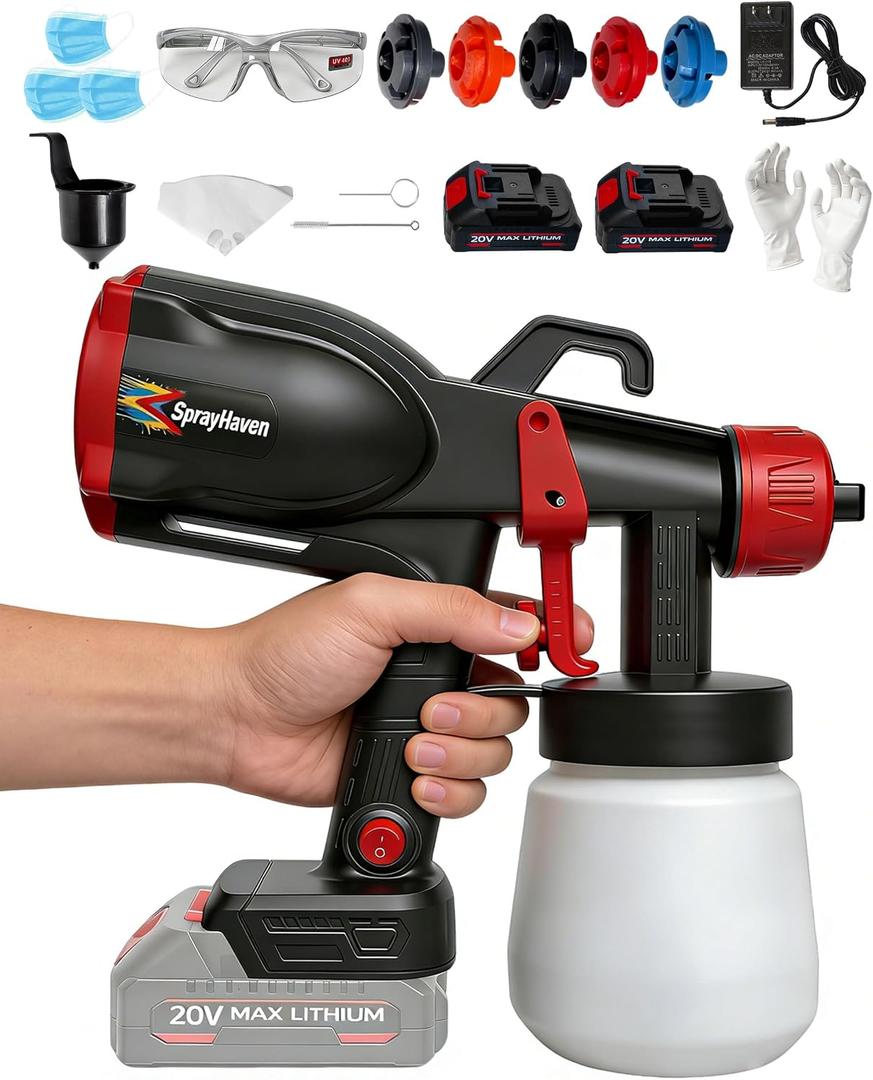 Cordless Paint Sprayer with 2 Batteries 2.1 lbs Lightweight 750W HVLP Electric Spray Paint Gun for DIY Homeowners, House Painting, Furniture, Cabinets, Walls, 5 Nozzles 3 Modes Easy Clean