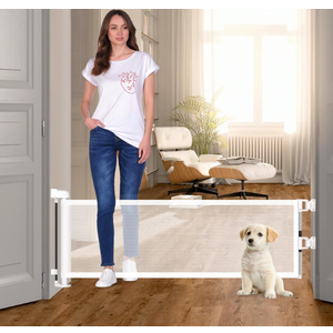 14" H Dog Gate - Puppy and Small Dog Gates, Retractable, Mesh, Expands Up to 59 Inches, Indoor/Outdoor, perfect for Doorways & Stairs