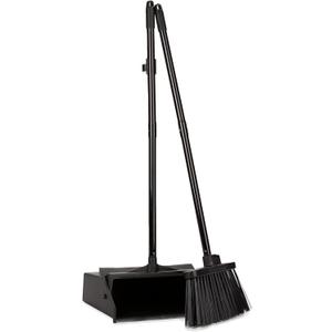 Carlisle FoodService Products Duo-Pan Lobby Broom and Dustpan Set  36" Upright Broom with 2-Piece Handle and Pivoting Pan  Compact Commercial Floor Tool for Tight Spaces, Black