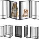 Metal Freestanding Dog Gate with Door, Extra Wide 81", 31" Height Foldable Dog Gates for Doorways, Tall Pet Fence Indoor Pet Gates, 4 Panels Pet Barrier for Stairs Hallways, Black