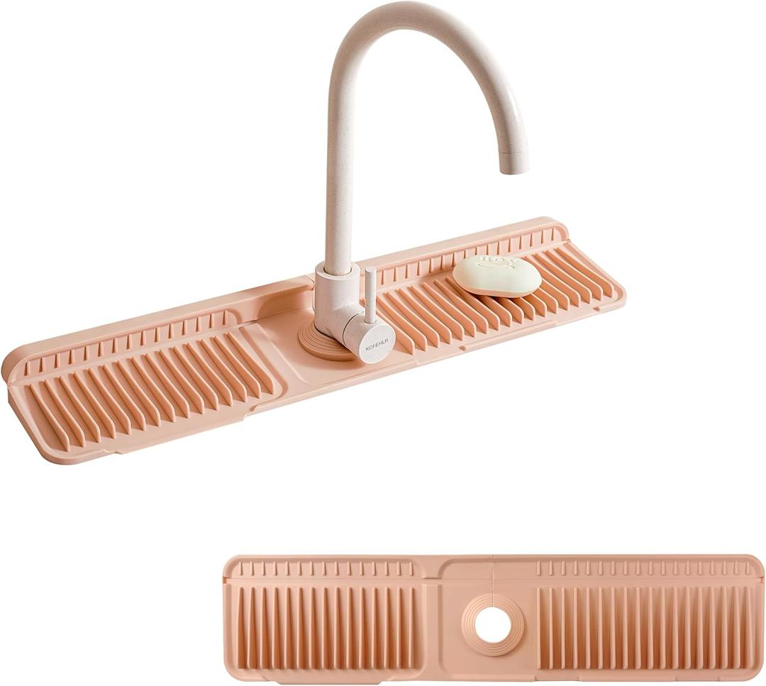 17.7" Silicone Sink Splash Guard - Multi-Functional Kitchen Sink Mat with Drip Tray, Sponge Holder & Soap Dish, 6Slope Design for Easy Drainage, Foldable & Fasten Button for Secure FitPink