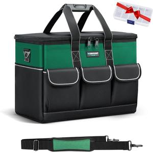 Tool Bag, 14-inch Wide Mouth Tool Storage Organiser, 600 Denier with 6 Interior 8 Exterior Pockets for Home DIY & Equipment Storage, Green and Black (14 inch)