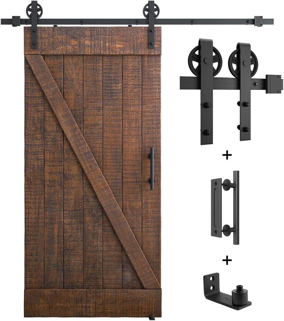SMARTSTANDARD 6ft Heavy Duty Sliding Barn Door Hardware Kit, Black, (Whole Set Includes 1x Pull Handle Set & 1x Floor Guide) Fit 36" Wide Door Panel (Big Industrial Wheel Hangers)