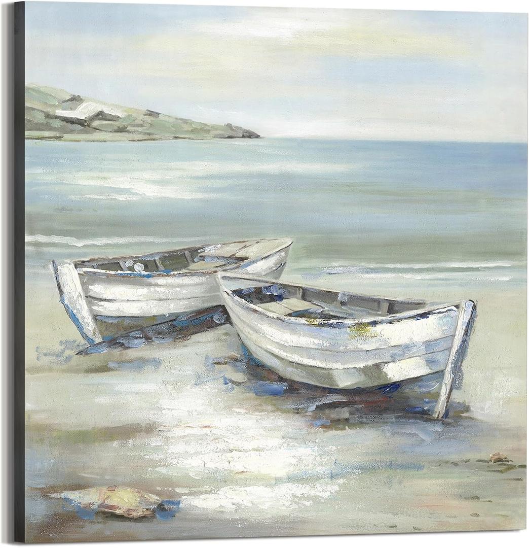 Beach Canvas Wall Art Picture: Abstract Ocean Sea Painting Coastal Boat Print Nautical Seascape Artwork Decoration for Living Room Bedroom Office 24 x 24 Inch