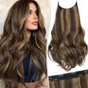 KooKaStyle Invisible Wire Hair Extensions Long Straight Layered Synthetic with Transparent Wire Adjustable Size 6 Secure Clips Hairpieces for Women 20 Inch (Balayage Chocolate Brown to Caramel Blonde)