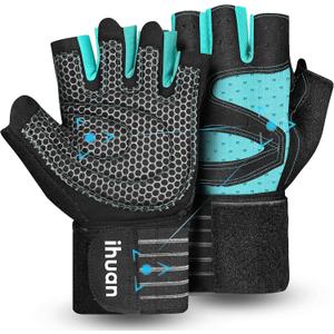 ihuan Ventilated Weight Lifting Gym Workout Gloves with Wrist Wrap Support for Men & Women, Full Palm Protection, for Weightlifting, Training, Fitness, Hanging, Pull ups (Large, Green)