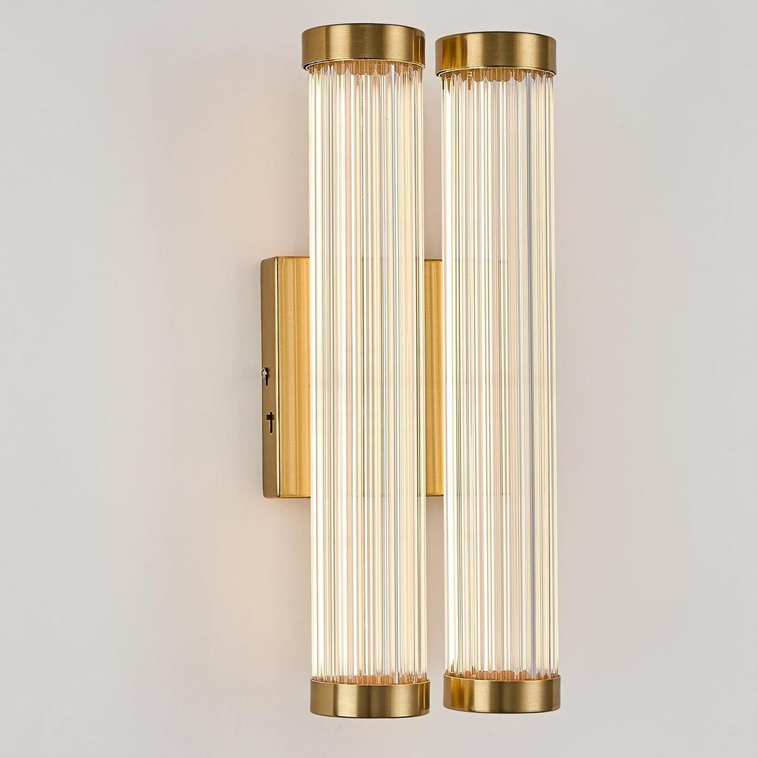 Modern Glass LED Wall Sconce, 16.5' Gold Bathroom Wall Sconce, Modern Double Sconce Wall Lighting, 3CCT Dimmable Gold Wall Light, Bedroom Sconce, Wall Lamp for Living Room, Stairway, Hallway, Double Style