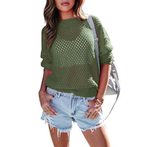 Doshoop Women's Crochet Crewneck Lightweight Hollow Out Long Sleeve Sexy Knit Sweater, 