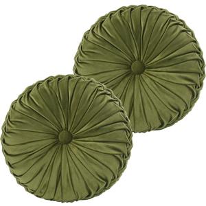 HIG Set of 2 Decorative Round Pleated Throw Pillows, Classy Accent Pumpkin Throw Pillows with Center Button, Vintage Velvet Floor Pillows for Sofa Couch Vanity Chair Bed, Olive, 14.5" Diameter(Ripple) (2 Count (Pack of 1))