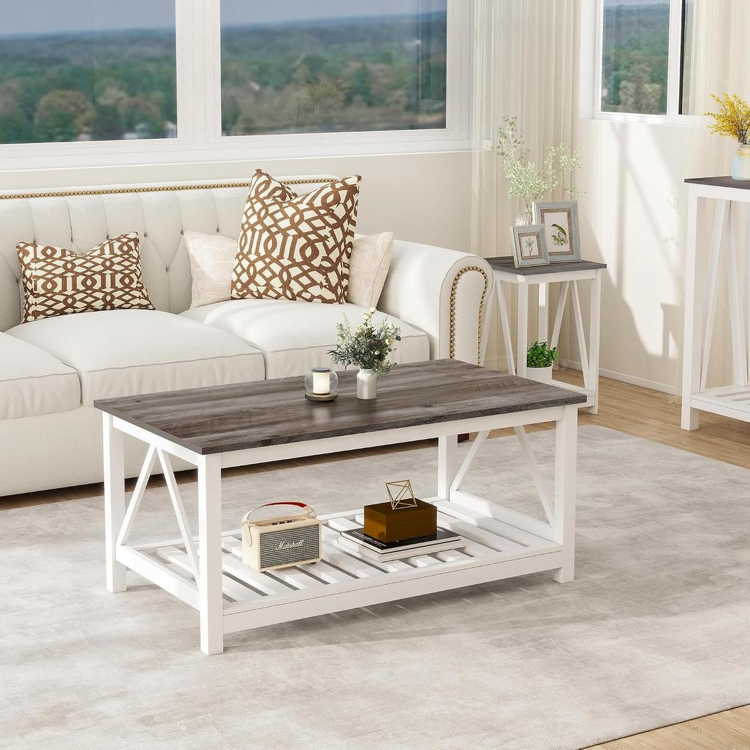Farmhouse Coffee Table, White Oak Coffee Table for Living Room, 2-Tier Rectangular Wooden Centre Cocktail Table with Slats Shelf Storage and V-Shaped Frame Modern Coffee Oak Grey, 21.6Dx39.4"Wx17.8"H