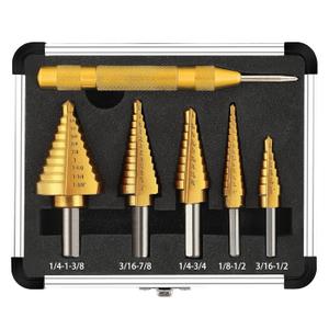 COMOWARE Step Drill Bit Set 5-Piece Titanium-Coated with Automatic Center Punch - Short Length, Double Cutting Blades, High-Speed Steel - Covering 50 Sizes, Complete with Aluminum Case