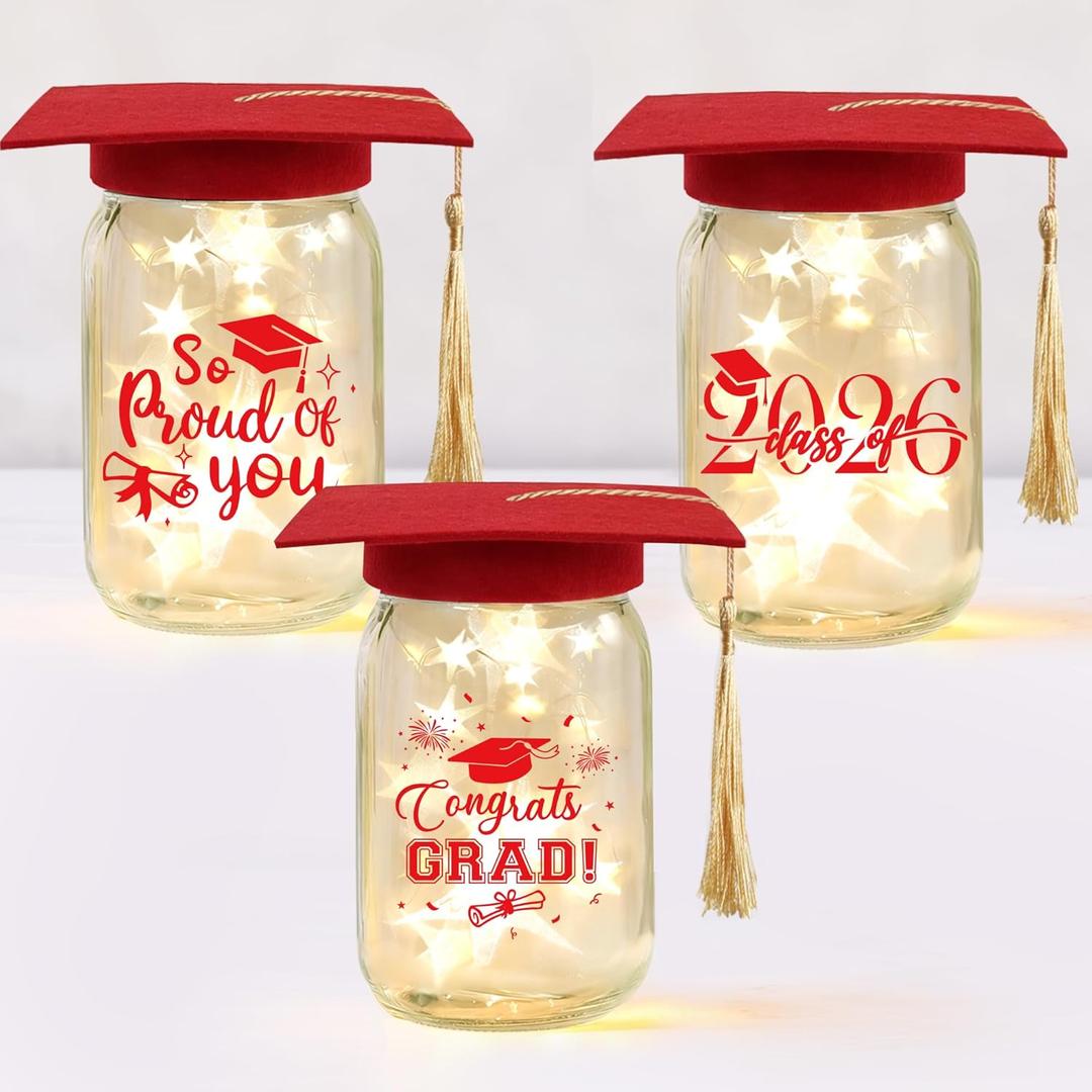 3 Sets 2026 Graduation Centerpieces for Tables, Glowing Mason Jar Centerpieces with Graduation Caps, Glowing Money Jars for College High School Congrats Grad Party Decor Supplies (Red)
