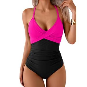 B2prity Women's One Piece Swimsuits Tummy Control Front Cross Bathing Suits Tie Back Slimming V Neck Swimwear.M