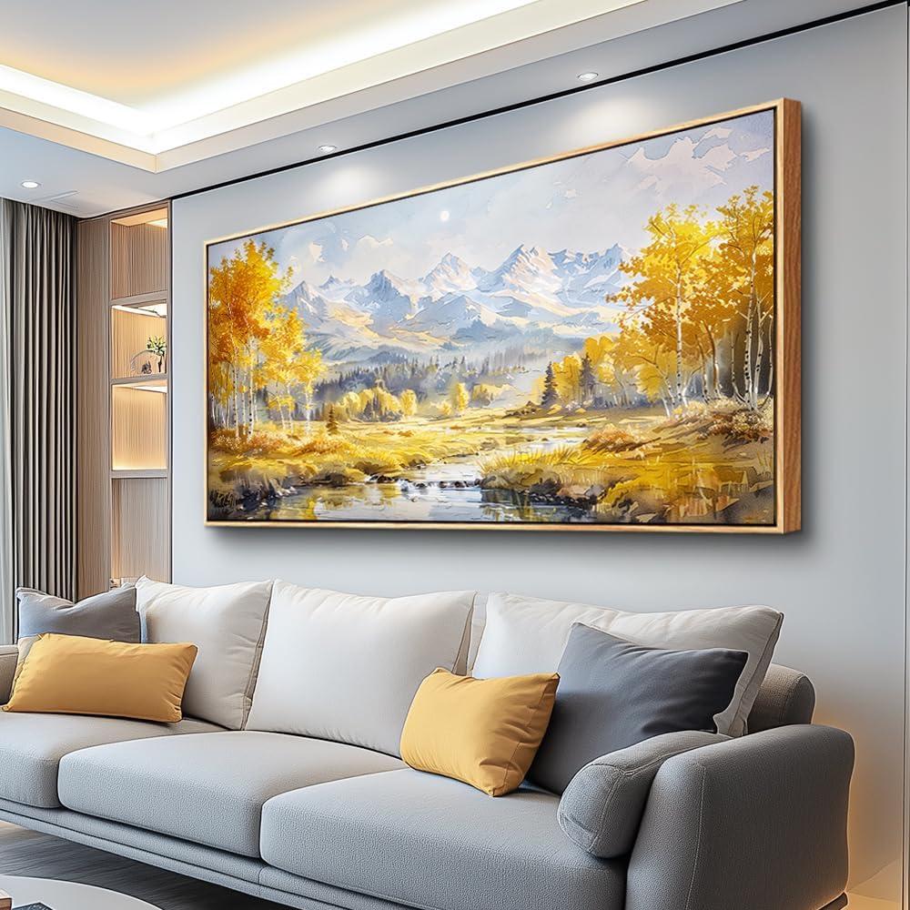 ZUITINGHUA Wood Framed Canvas Wall Art For Living Room Wall Decor For Bedroom Office Wall Decorations Yellow Tree Landscape Paintings Mountain Pictures Artwork Room Aesthetic Home Decor 20x40 In (40L" x 20W")