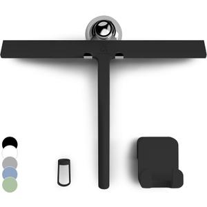 GÜTEWERK Silicone Shower Squeegee for Glass Doors & Mirrors with Stainless Steel Core, Streak-Free & No-Squeak Window Cleaning, 3-in-1 No-Drill Mount (Hook/Suction/Adhesive),Black, 13 Inches