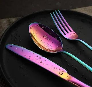 Buyer Star Matt Rainbow Silverware Set Plate Set for 4 Stainless Steel Flatware Salad Plates Kitchen Accessories Iridescent Utensils Dish Knives Forks Spoons Cutlery Set, Dishwasher Safe, Colorful