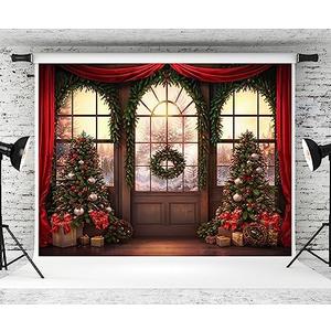 Kate 8×8ft Christmas Tree Backdrop Photography Bokeh Window Snow Xmas Background Red Curtain Decoration Studio Props for Photo Video Photographer Studio Props