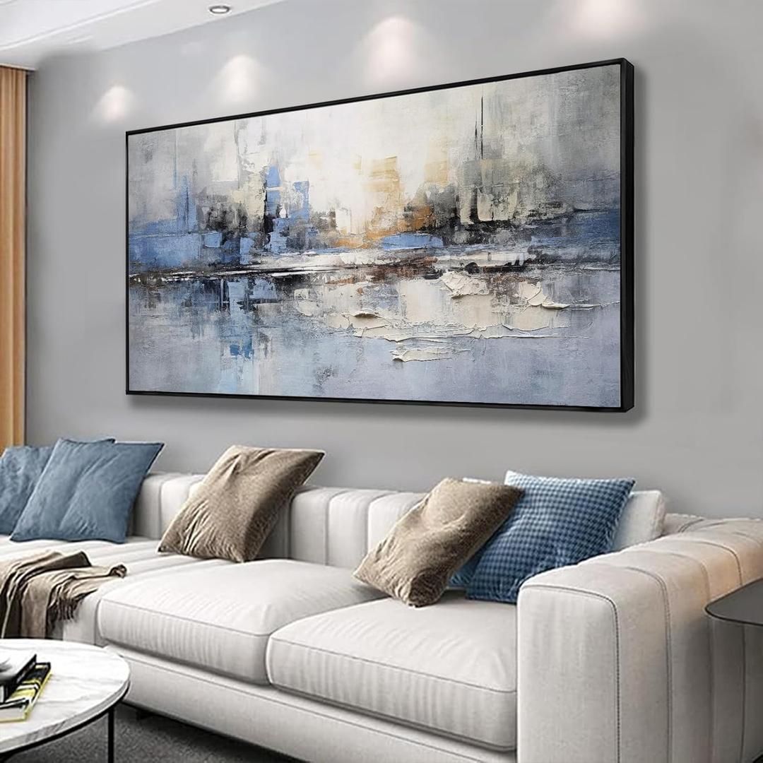 Abstract Wall Art Blue and White Reflection Large Size Framed Artwork Wall Decor Canvas Painting Stretched Canvas Wooden for Living Room Bedroom Office Home Decor Frame ready for hanging 30"x60"