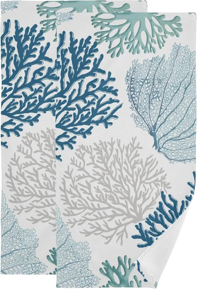 Nautical Blue Coral Hand Towels for Bathroom Set of 2 Coastal Teal Beige Coral Soft Absorbent Ocean Theme Kitchen Dish Towels Decorative Bathroom Towels for Face,Hair,Guest,Gym,Spa 14"x28