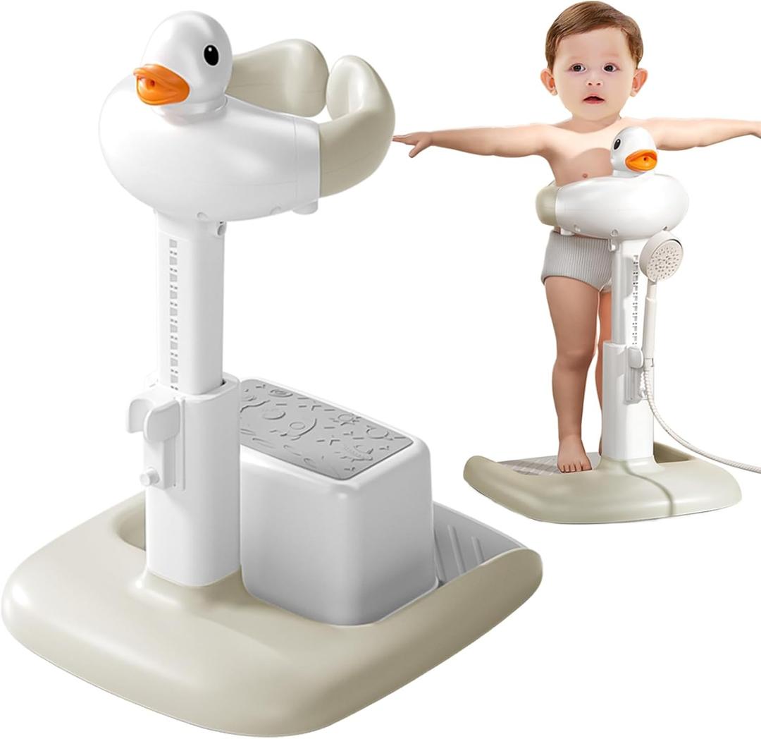Adjustable Height Baby Shower Stand with Anti-Slip Base, Bath Shower Standing Support, Portable Bath Helper (Height: 15.74-21.65 (khaki))