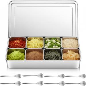 Boao 8 Compartment 304 Yakumi Pans Stainless Steel Seasoning Condiment Container with Lids Spoons, Japanese Yakumi Pans Mini Sauces Salad Dressings Storage for Food, Herbs, Spices