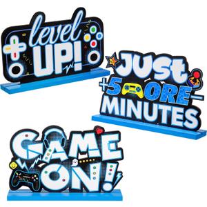 Frienda 3 Pcs Video Games Party Decorations Centerpieces Wood Level up Game on Birthday Table Decorations Gamer Party Centerpieces Pixelated Table Sign for Boys Kids Birthday Parties(Blue)
